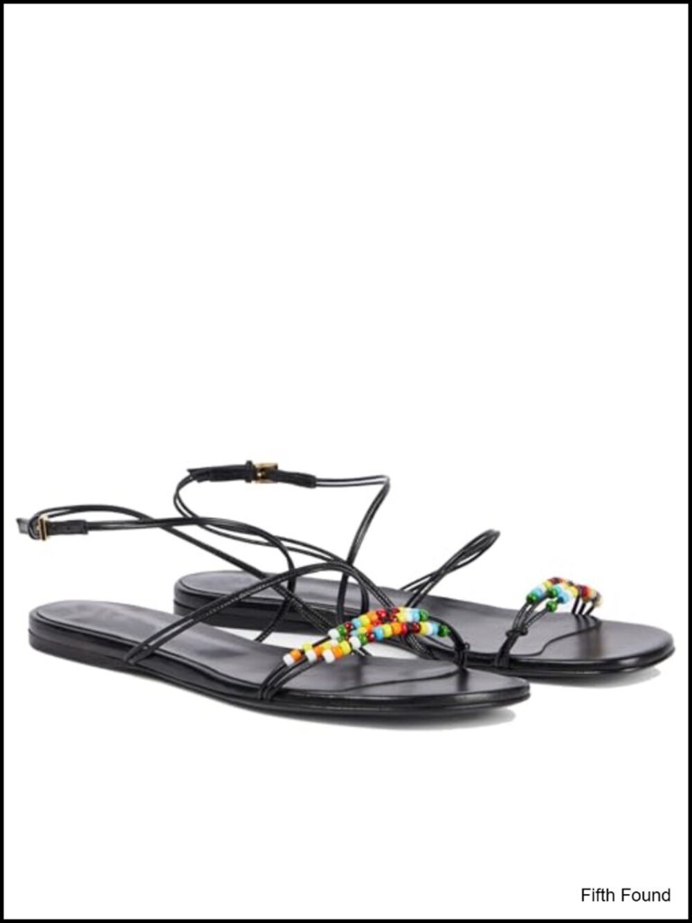 Beaded Strappy Flat Sandals - Open Toe Ankle Buckle PU Leather Casual